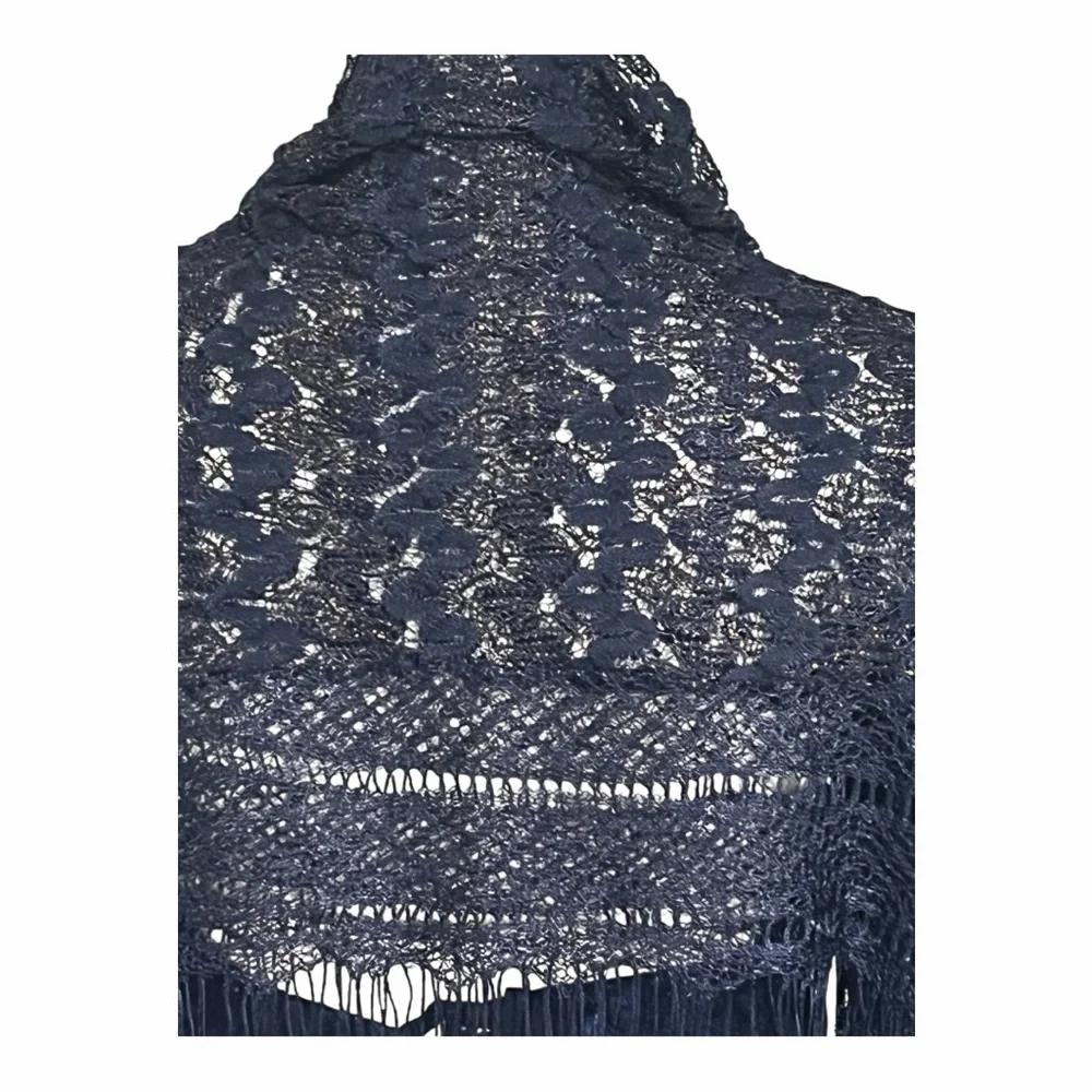 Elegant Knit Navy Lace Shawl with Fringe